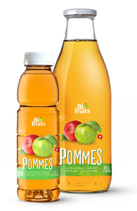 Deux jus de pommes Biofruits en différents formats