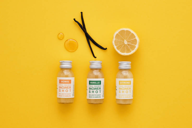 Un design de présentation des bouteilles de shots de Dame Gingembre